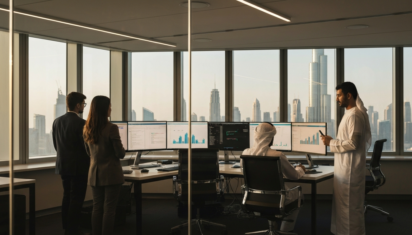 Accountants in a Dubai DIFC office reviewing AI-powered financial dashboards on ultrawide monitors in late afternoon light