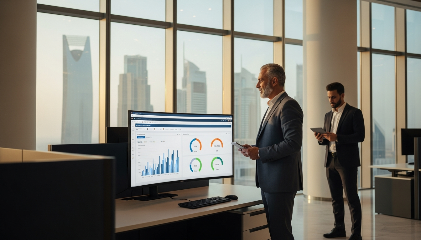 Senior banker in business attire reviewing an Arabic and English compliance dashboard on a wide curved monitor in a modern Riyadh banking operations centre with floor to ceiling glass overlooking the King Abdullah Financial District at golden hour