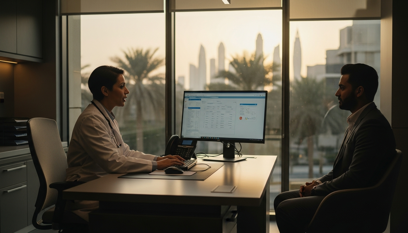 Gulf doctor in a white coat reviewing a clinical workflow interface on a large monitor with a patient in contemporary Gulf business attire in a sunlit Dubai Healthcare City consulting room