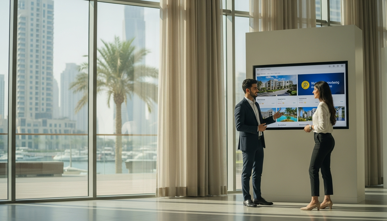 Young Gulf real estate agent in contemporary business attire beside a large digital display showing a property listing interface while speaking with a prospective buyer in a modern Dubai Marina sales centre with floor-to-ceiling windows and afternoon light