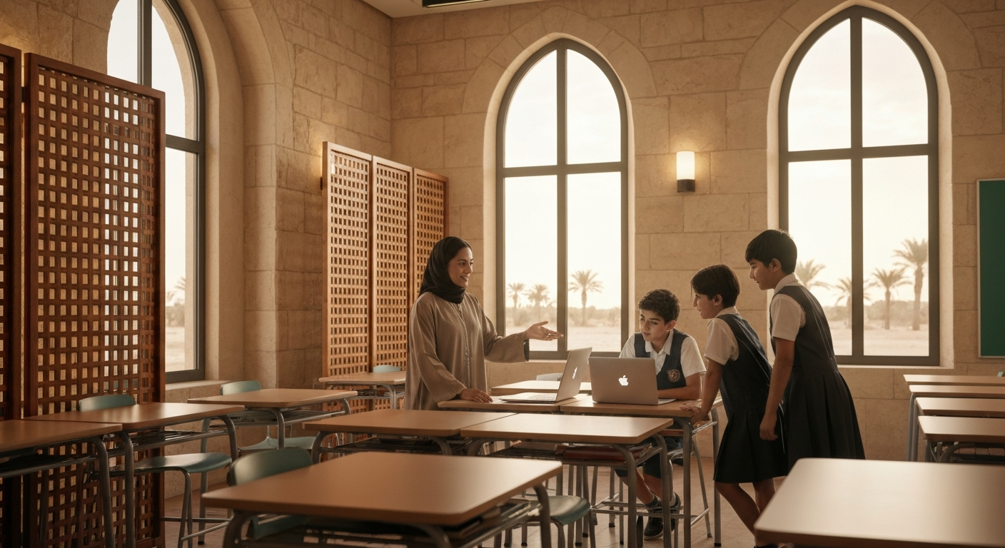 Female teacher in the Gulf region guiding four students around a laptop in a bright classroom with arched windows, mashrabiya wooden screens, and warm afternoon light
