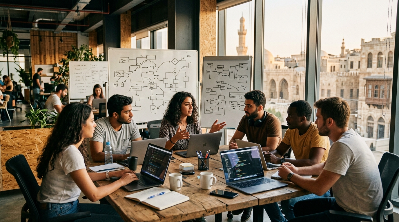 A modern coworking space in Abu Dhabi with founders working at laptops, with the city skyline visible through floor-to-ceiling windows