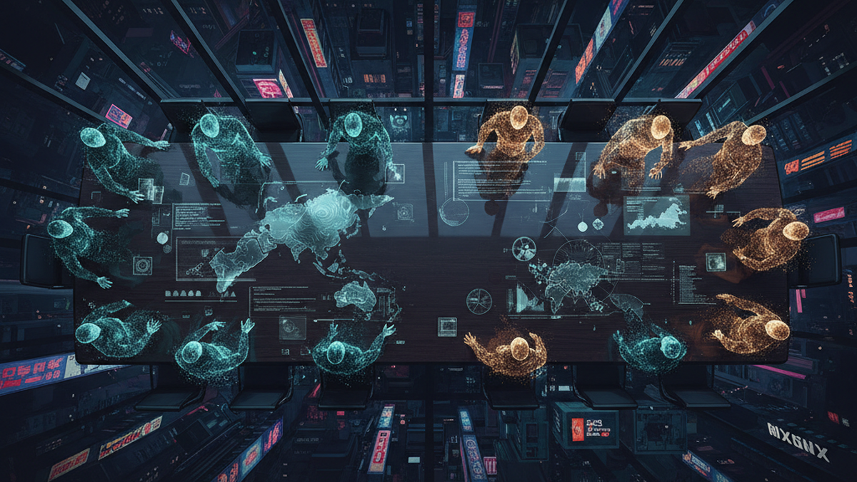 A cinematic illustration of two towering AI architectures facing each other across an MENA cityscape at night