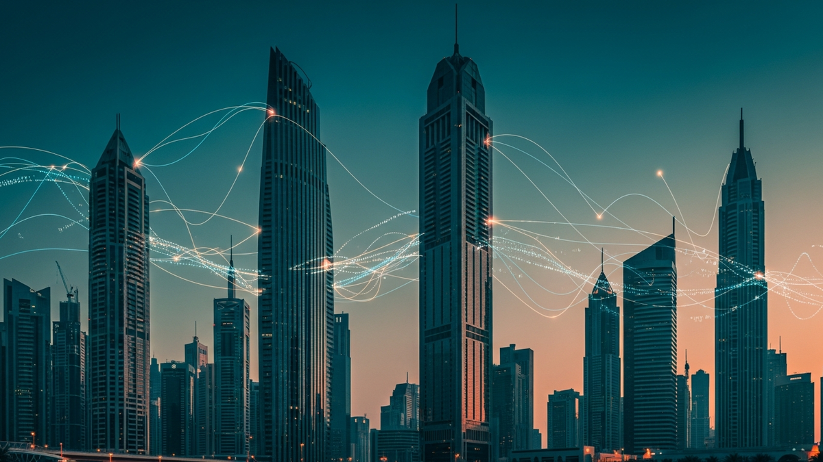 Dubai International Financial Centre skyline at blue hour with AI workflow data streams