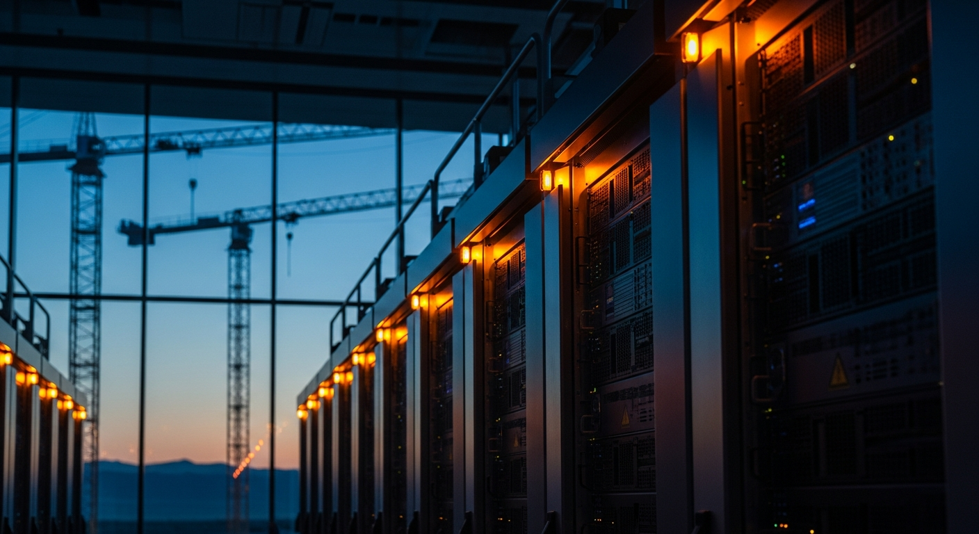 Server racks under amber lighting inside a hyperscale data centre under construction in Saudi Arabia