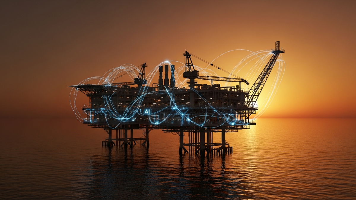 Arabian Gulf offshore oil platform at golden hour with AI predictive maintenance intelligence