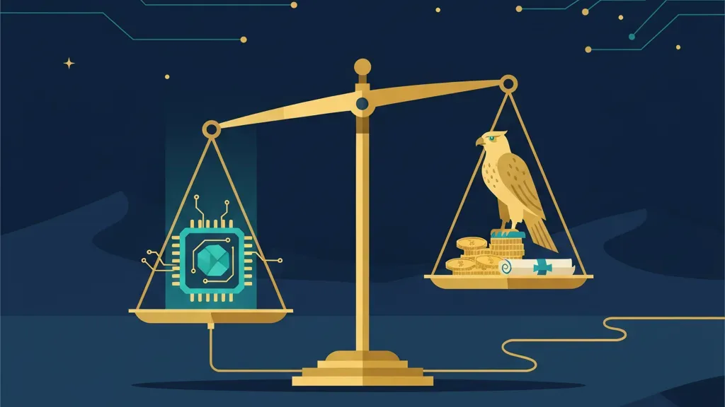 A balanced scale weighing a tethered GPU chip against a falcon perched on gold — the Gulf's compute bargain