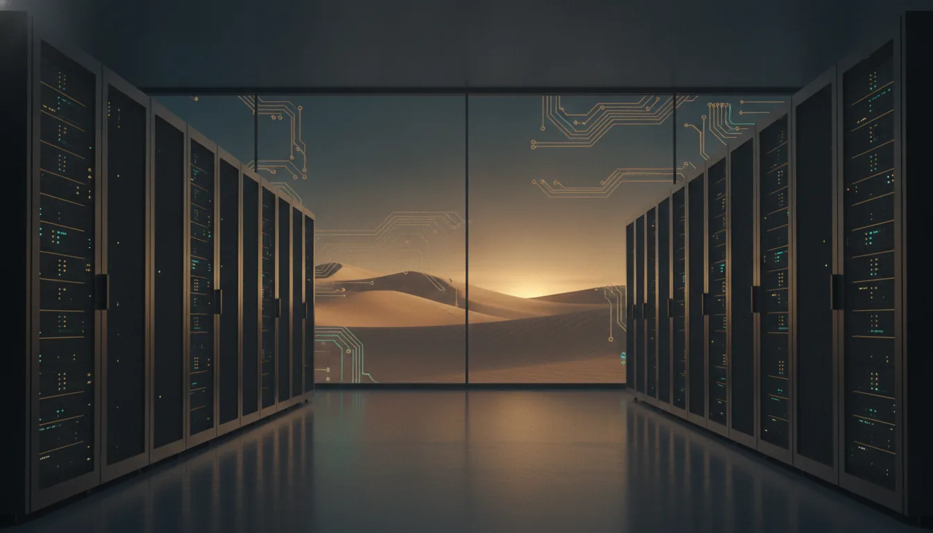 Server racks inside a data centre giving way to desert dunes beyond a glass wall