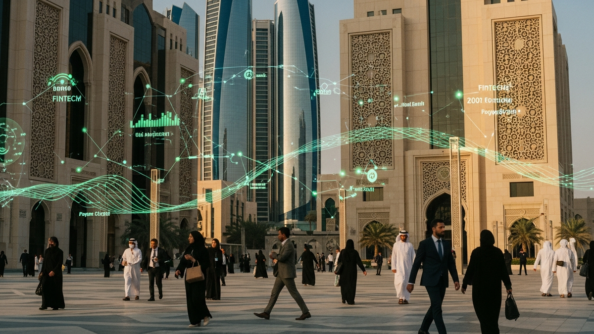 Abu Dhabi Global Market square at golden hour, fintech digital payments MENA