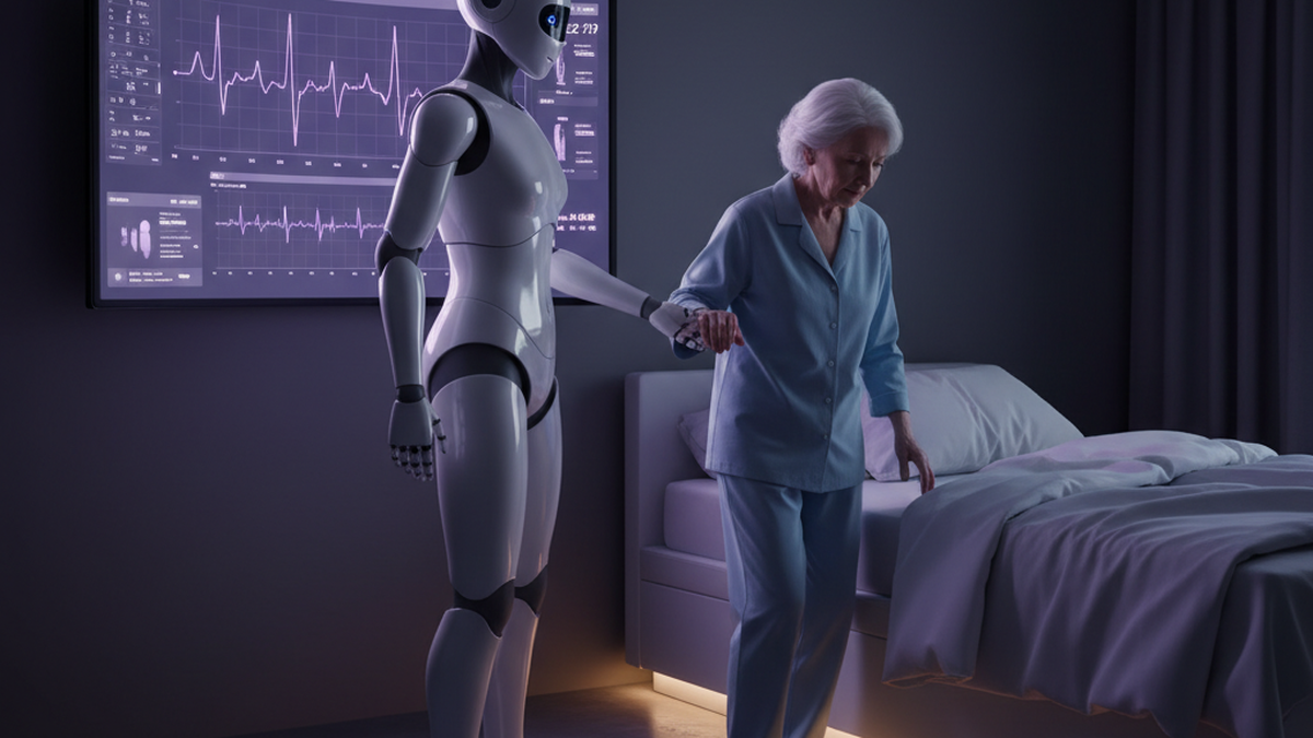 Humanoid care robot assisting elderly patient in a modern UAEese care facility