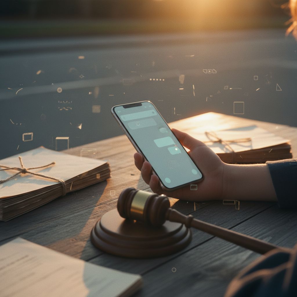 A smartphone screen glowing with a chat interface alongside a gavel and legal documents, symbolising the intersection of technology regulation and youth digital safety
