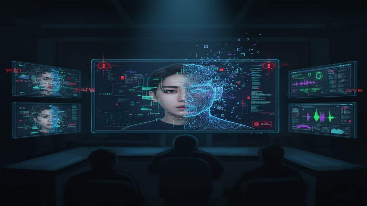  AI deepfake detection interface showing manipulated K-pop idol imagery on surveillance screens
