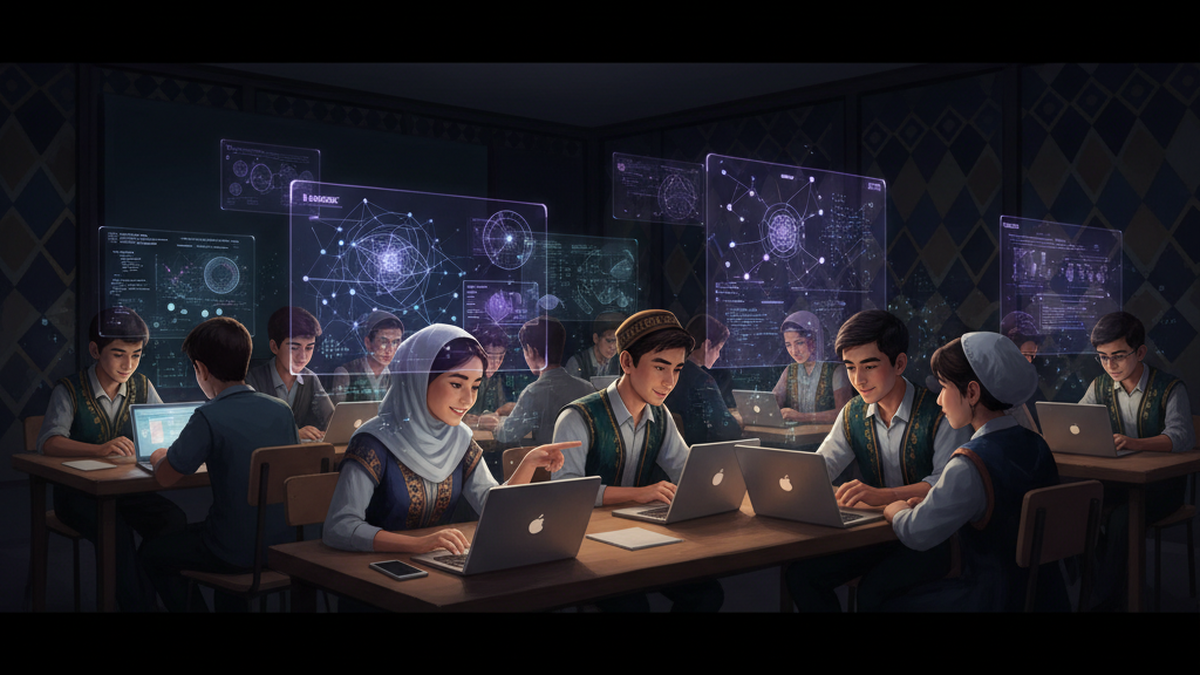 A cinematic illustration of a Central MENA cityscape at dusk with digital infrastructure elements and flowing data streams overlaid on traditional architecture