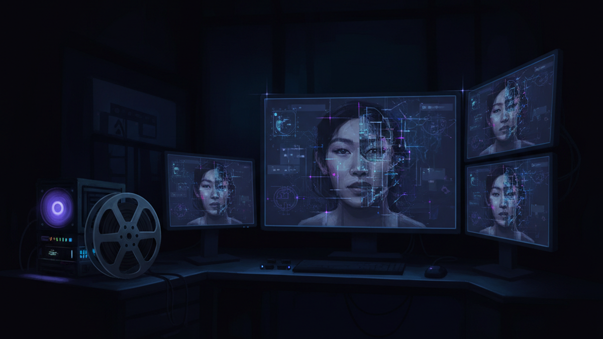 A cinematic illustration depicting the blurred boundary between human performance and AI-generated digital presence in MENA cinema