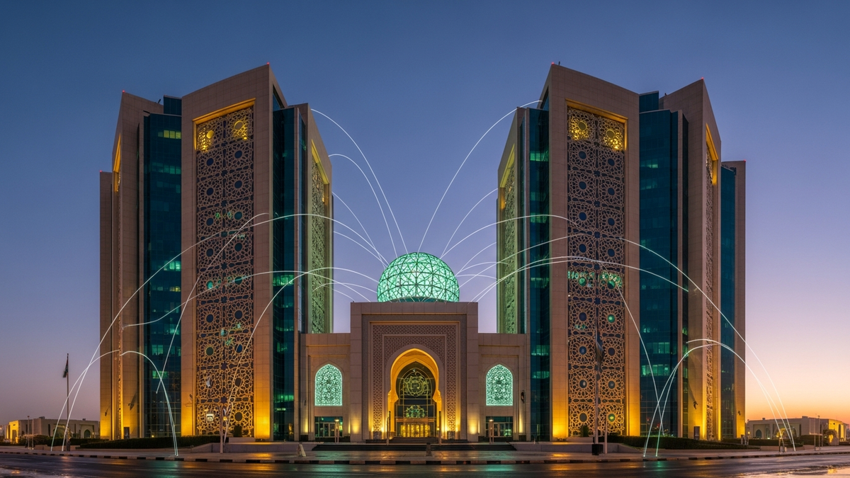UAE Central Bank headquarters in Abu Dhabi at blue hour with AI governance data streams