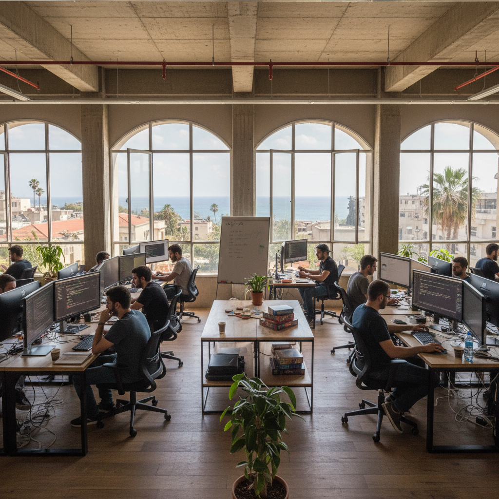 Cinematic wide photograph of a small tech co-working space in Beirut with developers working at computers, natural window light, documentary feel showing grassroots innovation. No text, no words, no logos, no letters