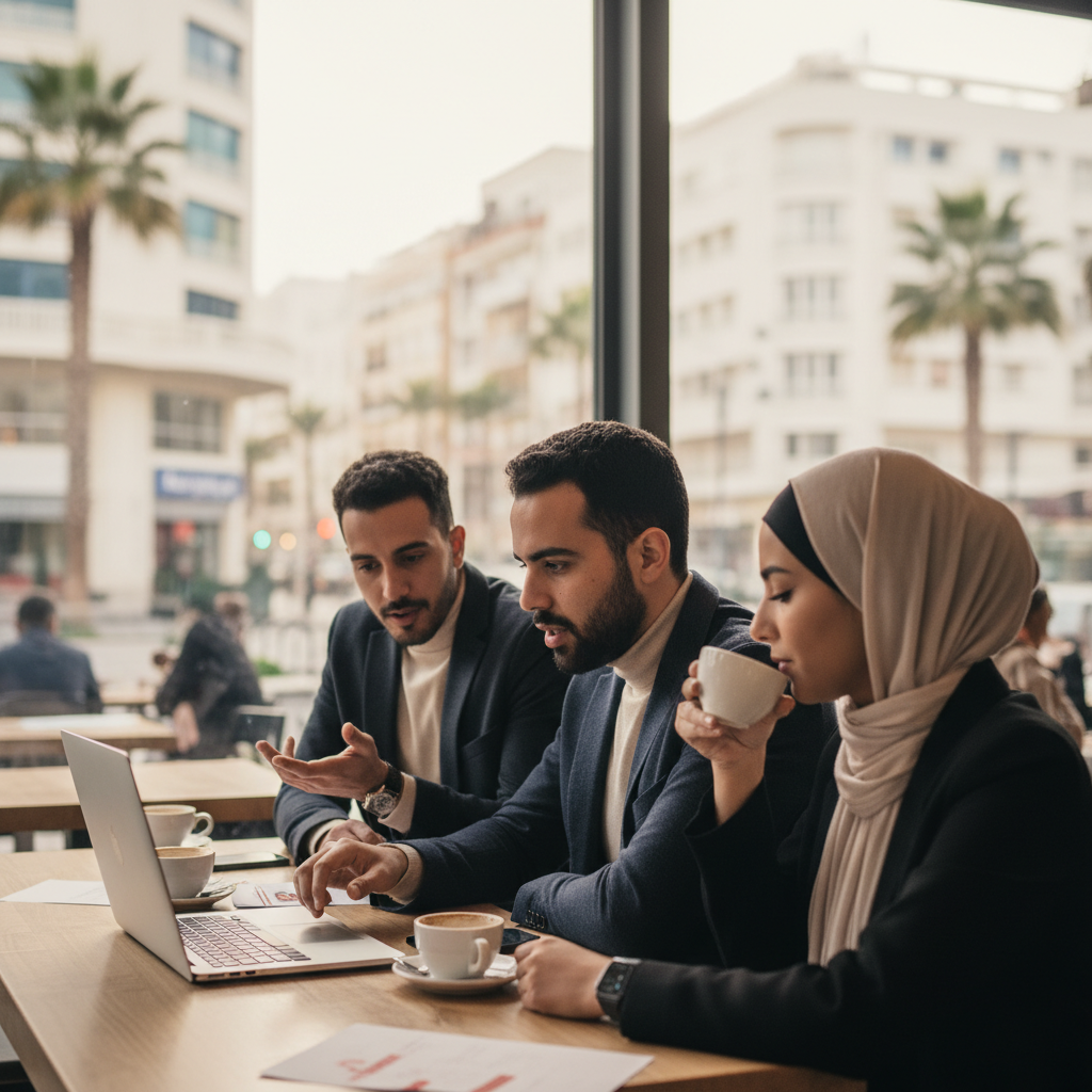 Young Moroccan professionals discussing AI in modern Casablanca cafe
