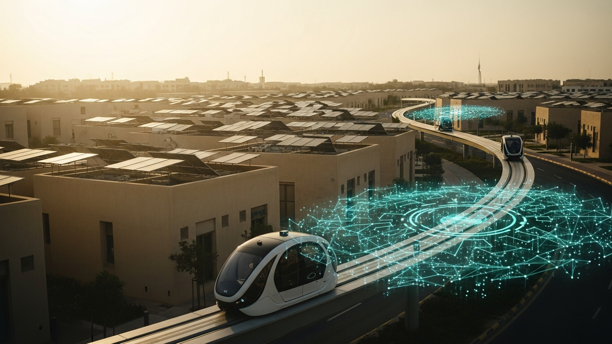 Masdar City Abu Dhabi with driverless pod transit and smart city infrastructure