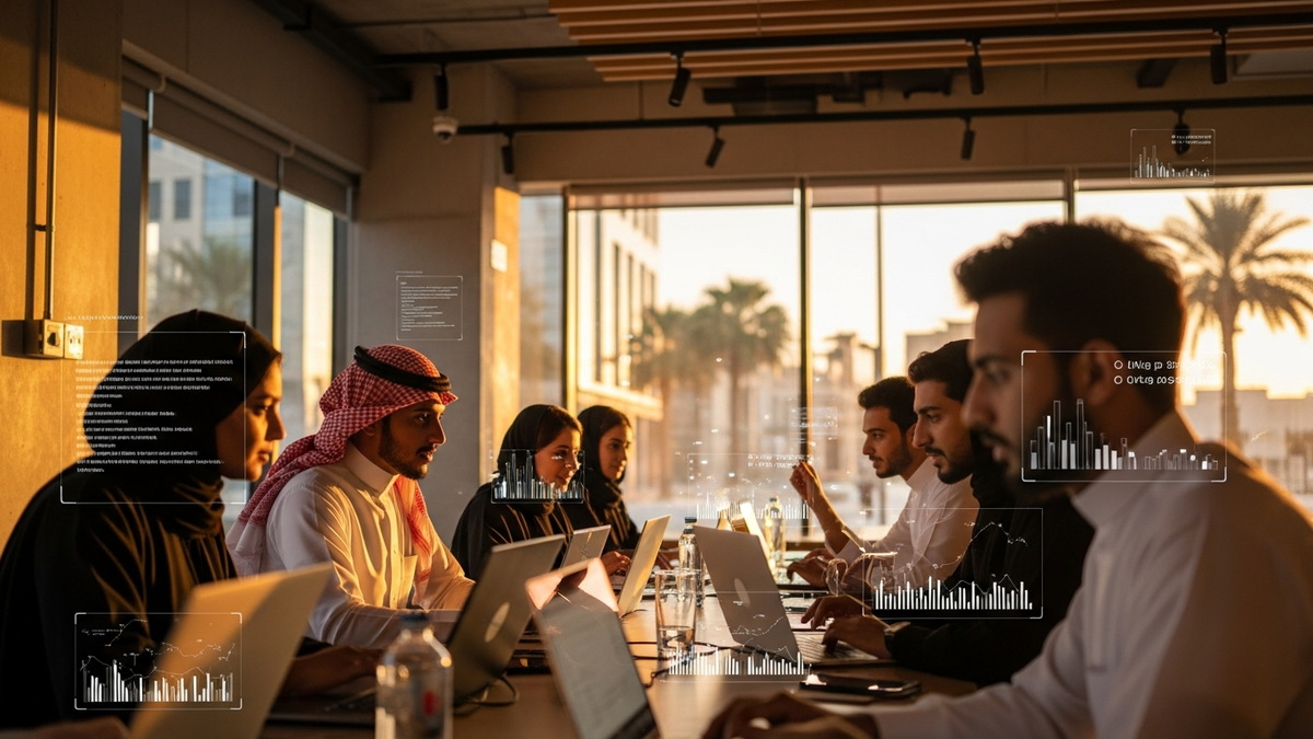 Saudi startup ecosystem with young founders collaborating on AI business intelligence tools
