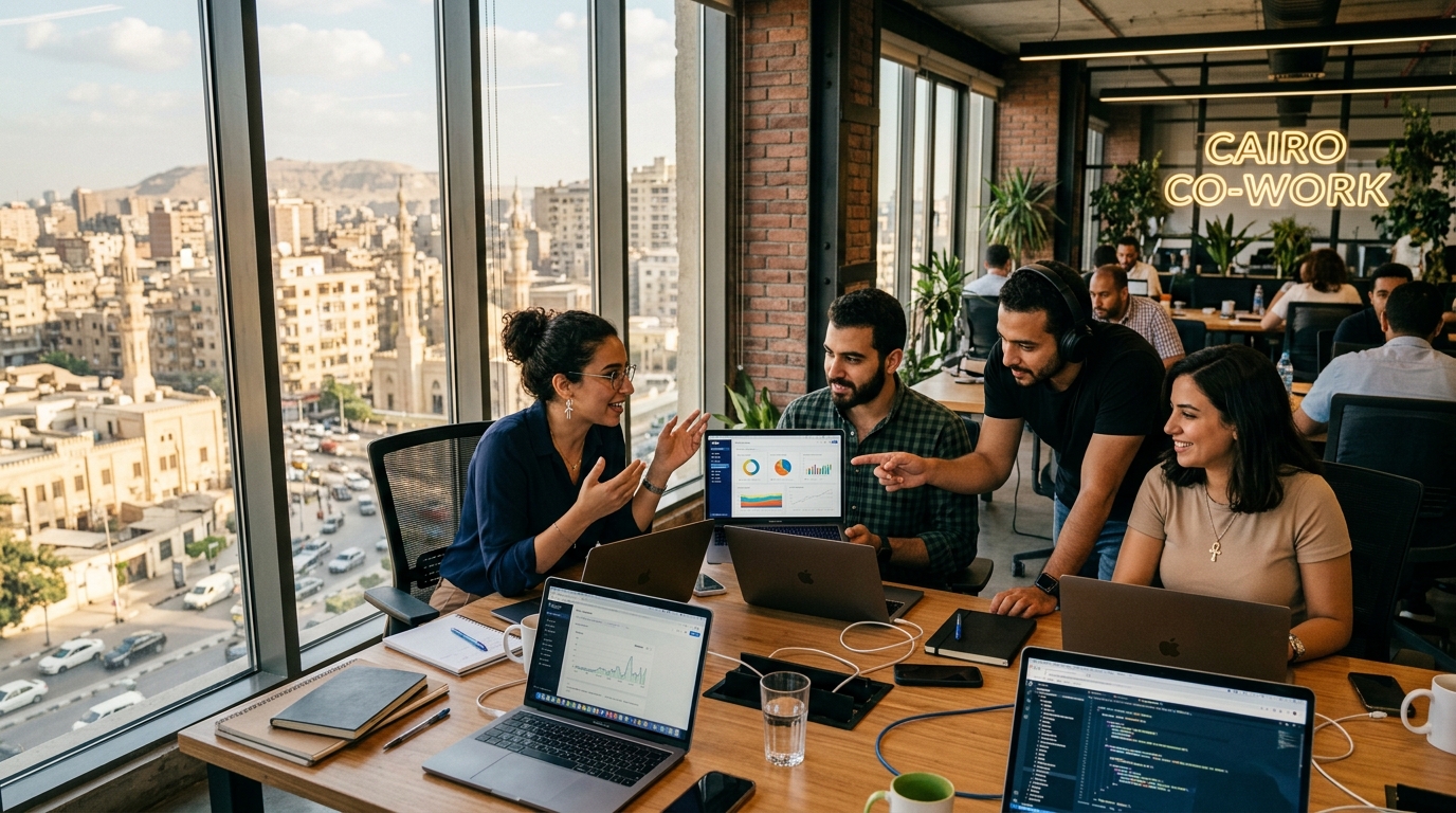 Young Egyptian tech professionals collaborating in a modern Cairo co-working space