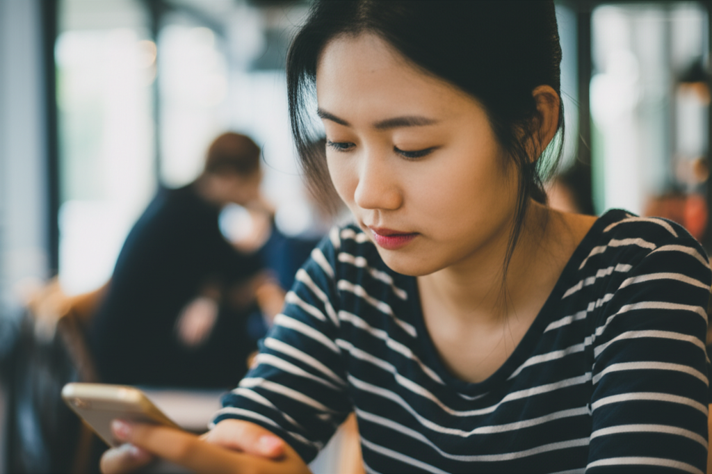 Young person in an MENA cafe engaging with AI companion on their phone