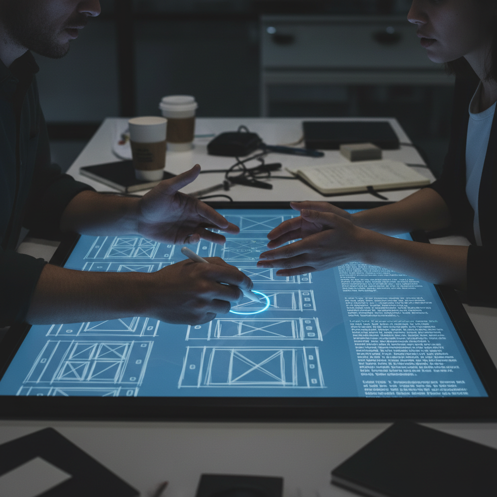 Hands annotating AI-assisted prototype on tou