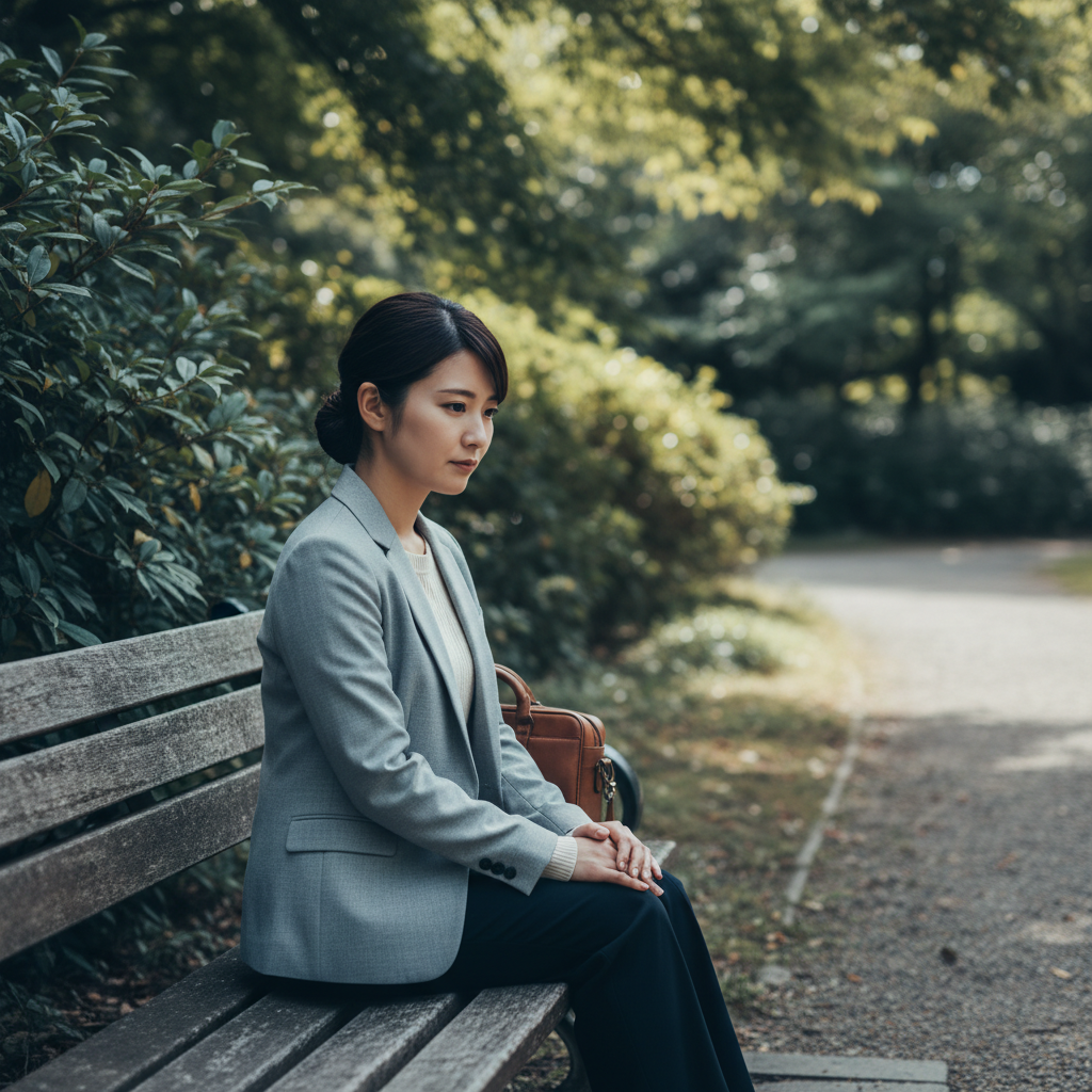 Young professional in park, contemplative moment