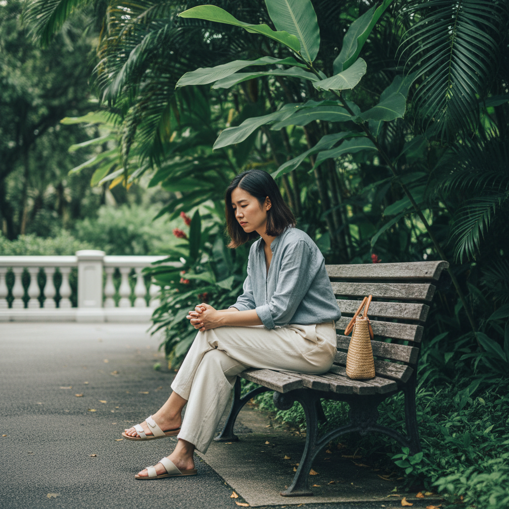 A young woman sits alone in a quiet park in the UAE, reflecting the solitude many face when mental health support remains out of reach