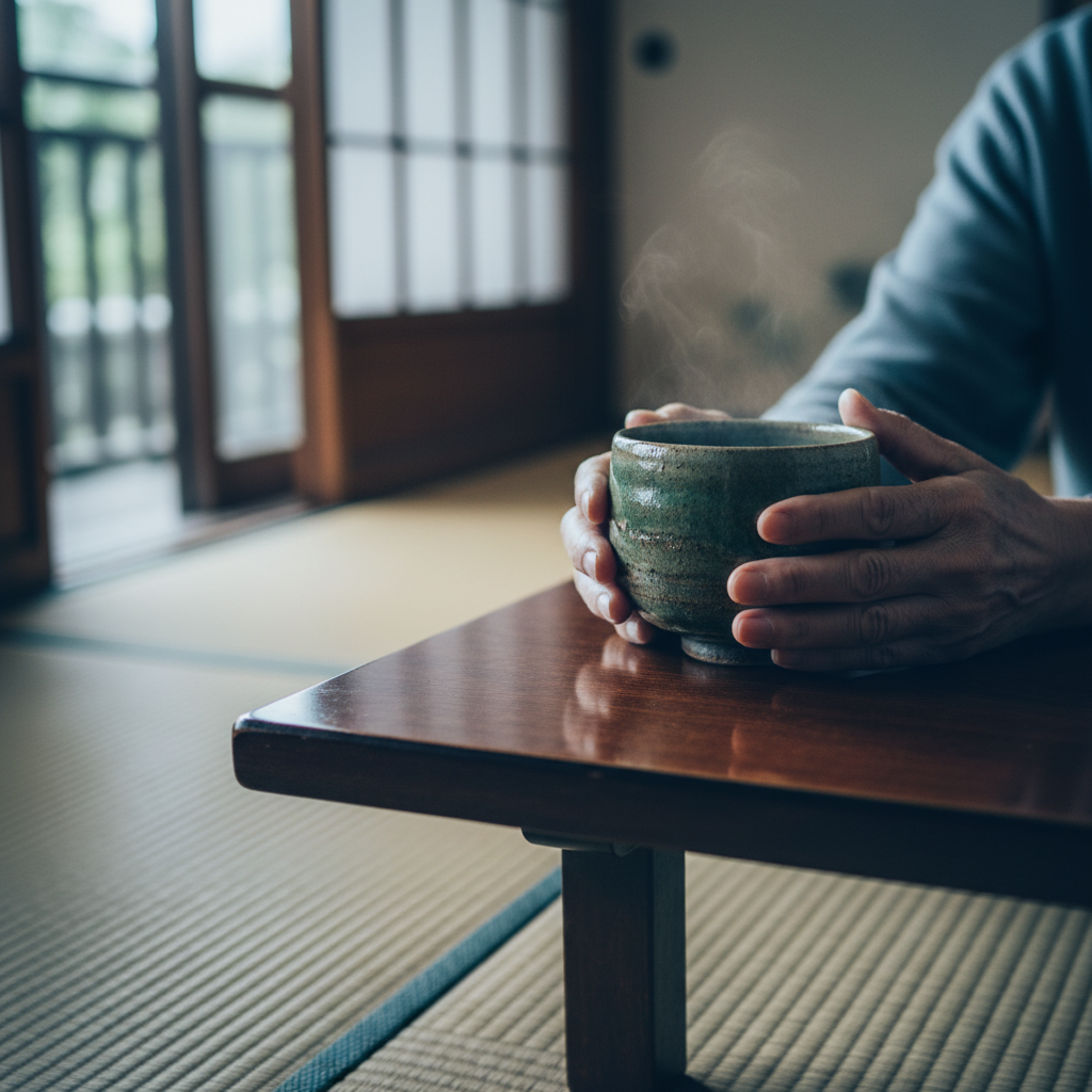 Elderly hands with tea bowl in UAEese home