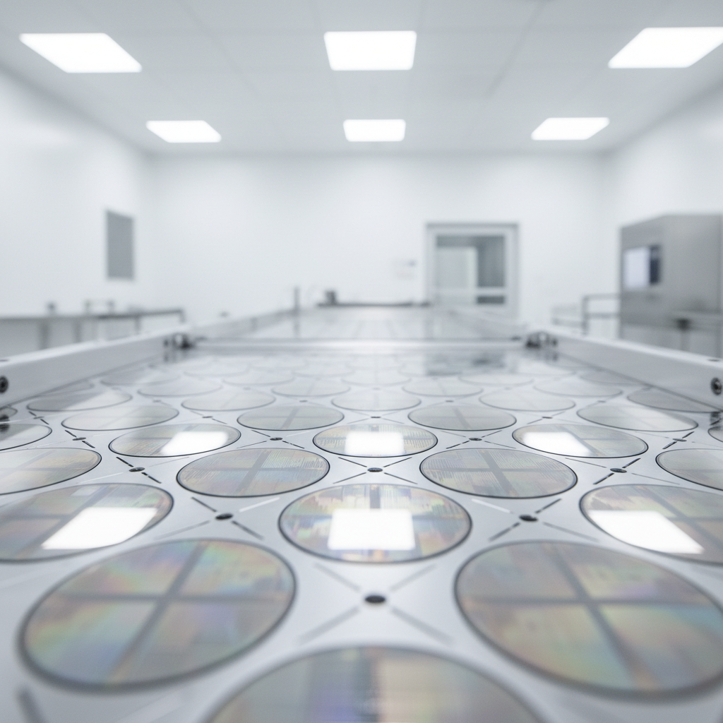 A cleanroom technician inspects silicon wafers at a semiconductor fabrication facility in Saudi Arabia