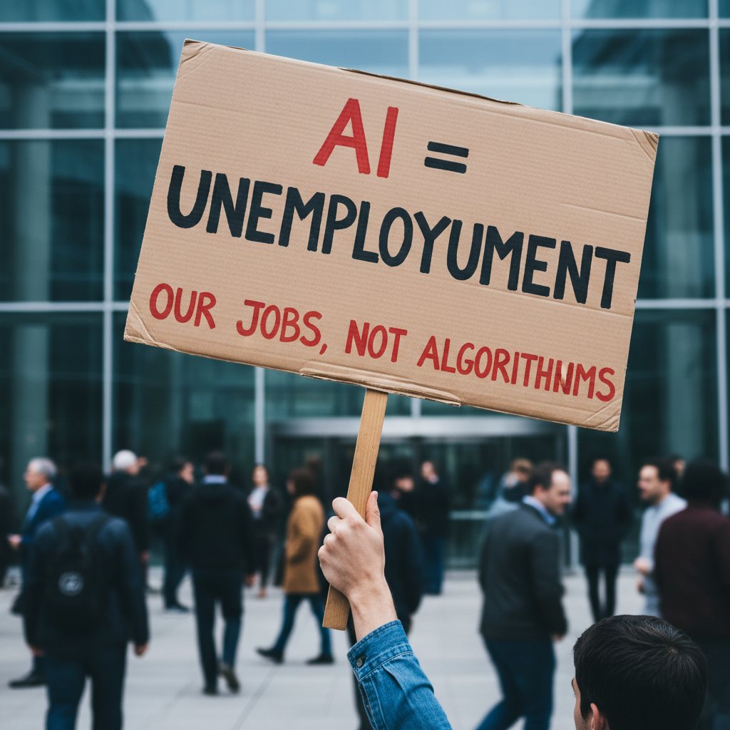 Protest sign at tech conference over AI job l