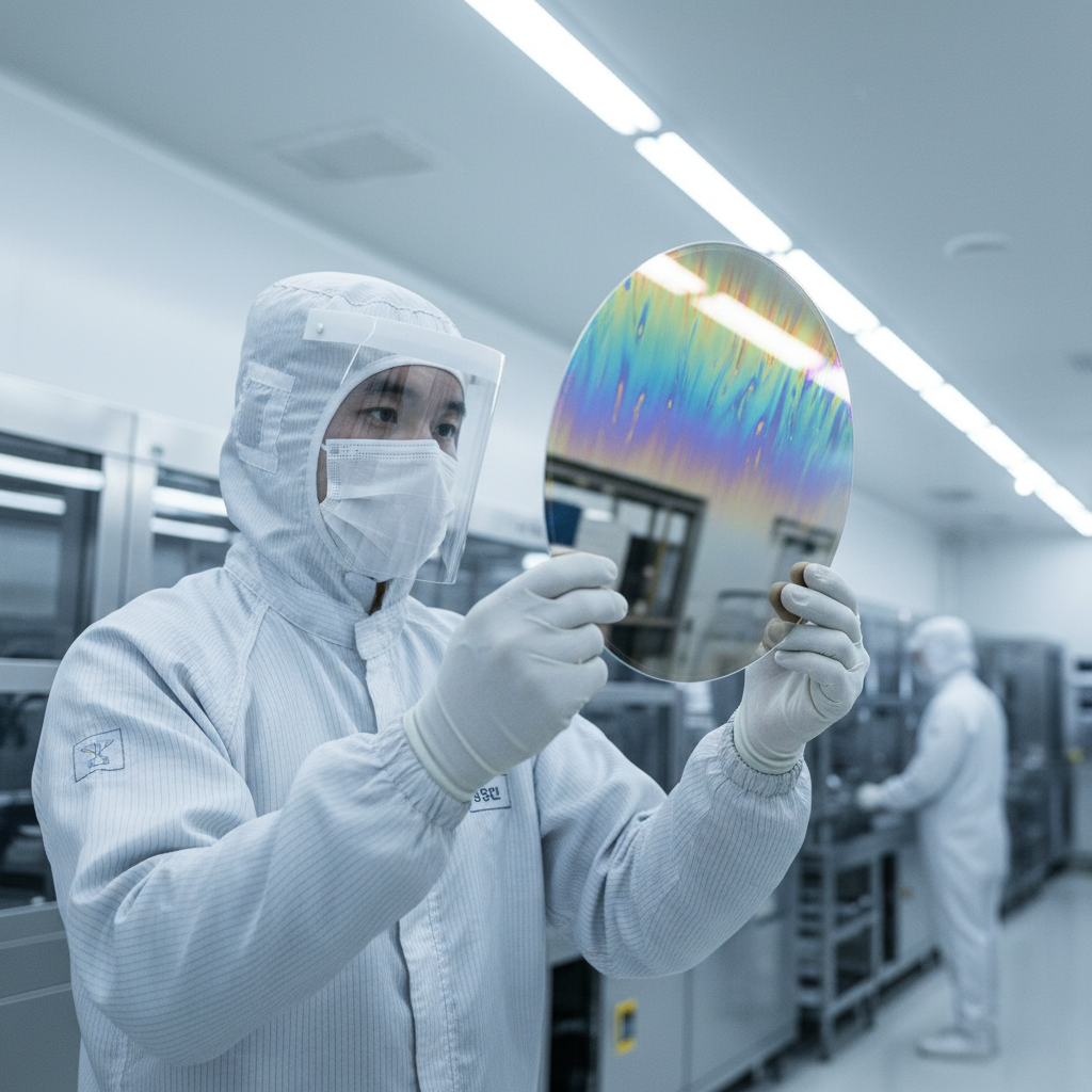 Technician holding HBM silicon wafer in clean