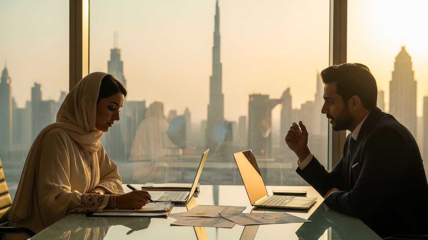 Two HR leaders working at a glass conference table in a Dubai high-rise office at golden hour, Burj Khalifa visible through floor-to-ceiling windows