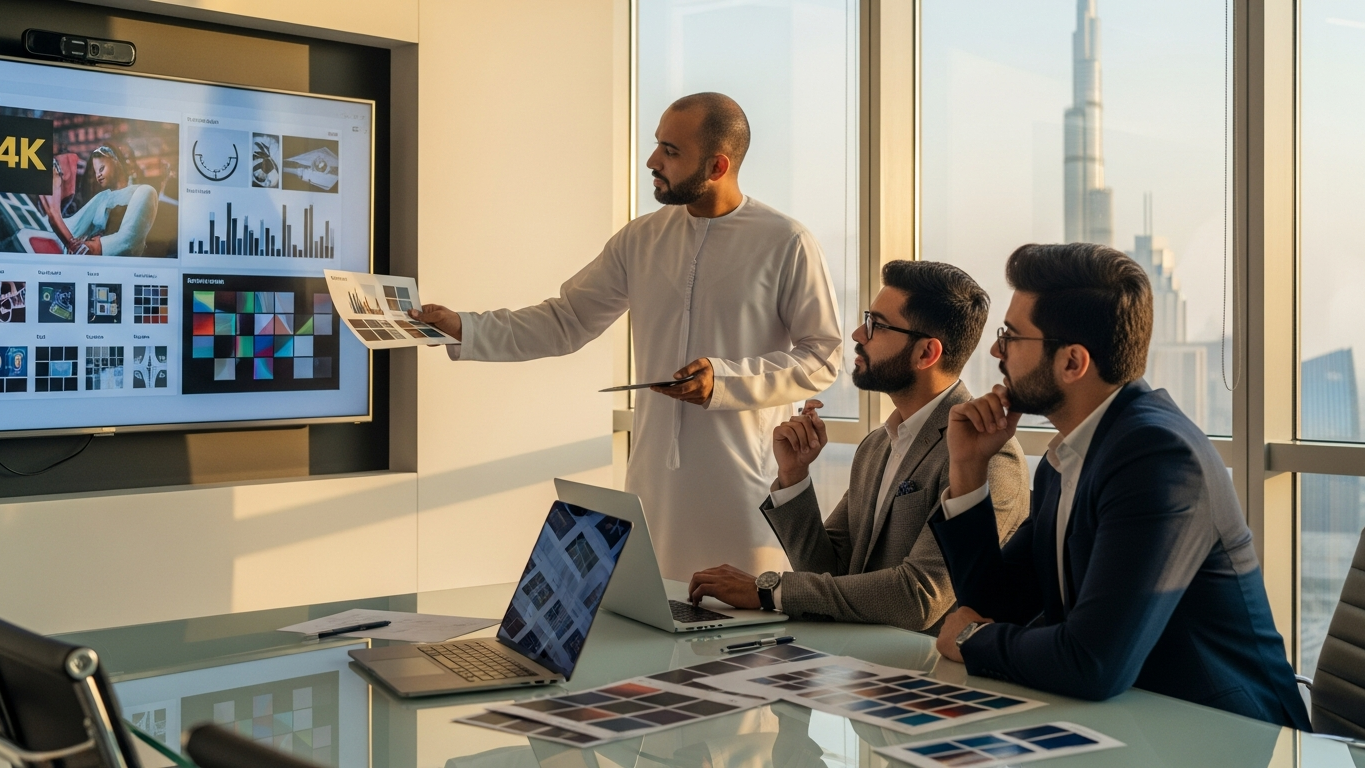 A MENA marketing team reviewing AI-generated Ramadan creative on a large screen in a Dubai office at golden hour, Arabic typography visible on the screen