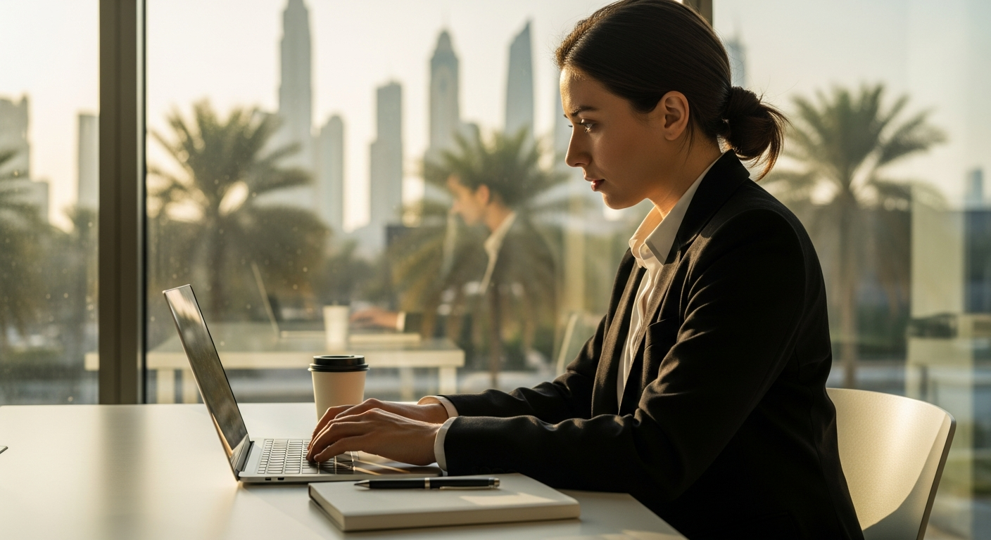 A MENA professional building a bilingual web application on a laptop in a sunlit Gulf co-working space