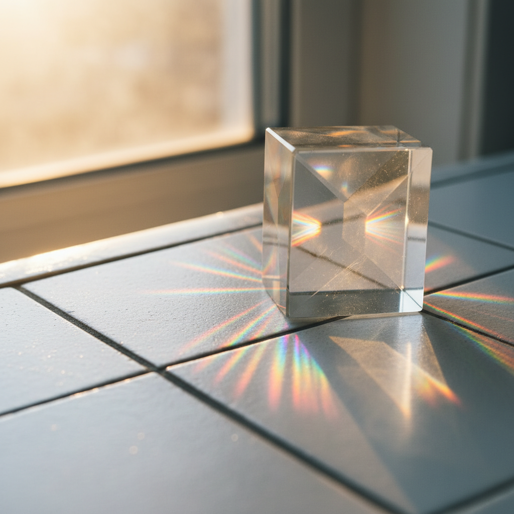Light refracting through a glass prism casting rainbow spectra, symbolising the decomposition of complex AI video technology